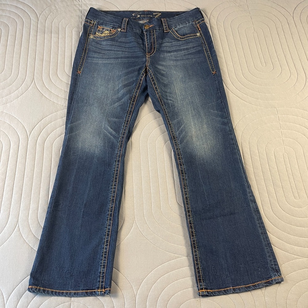 Seven7 Slim Boot Jeans Womens 16 Blue Mid Rise Bootcut Stretch Dark Wash Denim